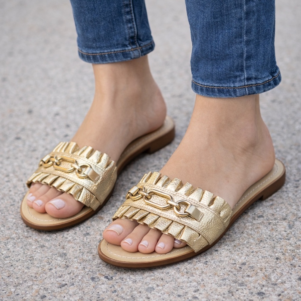 kate spade Gold Metallic Fringe Slide Sandals